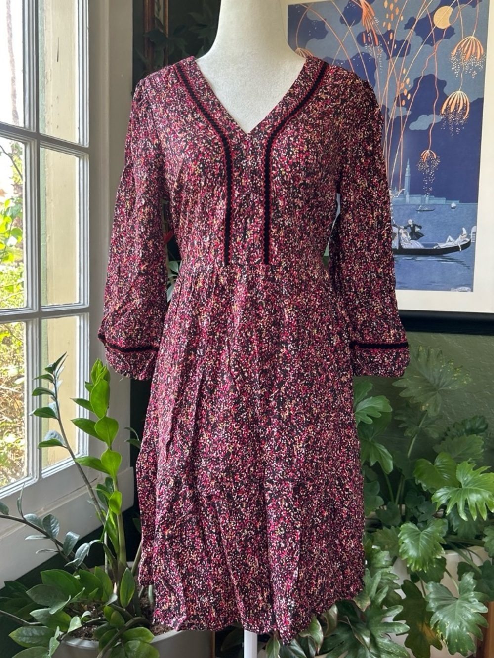 Lucky Brand Berry Floral V-Neck Long Sleeve Midi Dress